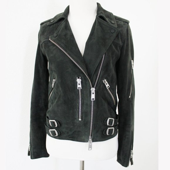 Allsaints Edwards Biker Goat Suede Leather Motorcycle Zipper Buckle Jacket, US 2 - Picture 6 of 15